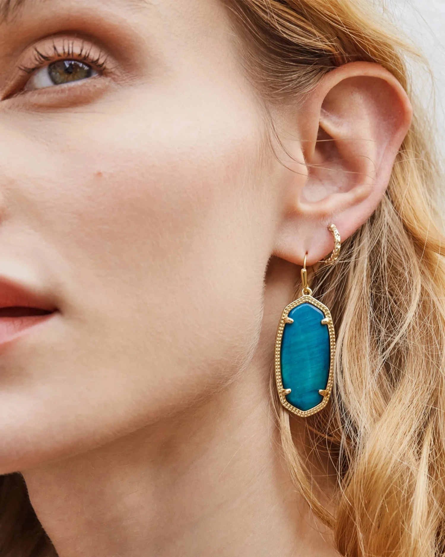 Elle Drop Earrings in Teal Tiger's Eye Elle Drop Earrings In Teal Tiger's Eye -Occasionally Yours Kendra Scott Elle Drop Earring Teal Tigers Eye Gold 00