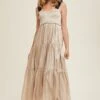 Tiered Satin Tie-Strap Maxi Dress