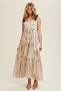 Tiered Satin Tie-Strap Maxi Dress