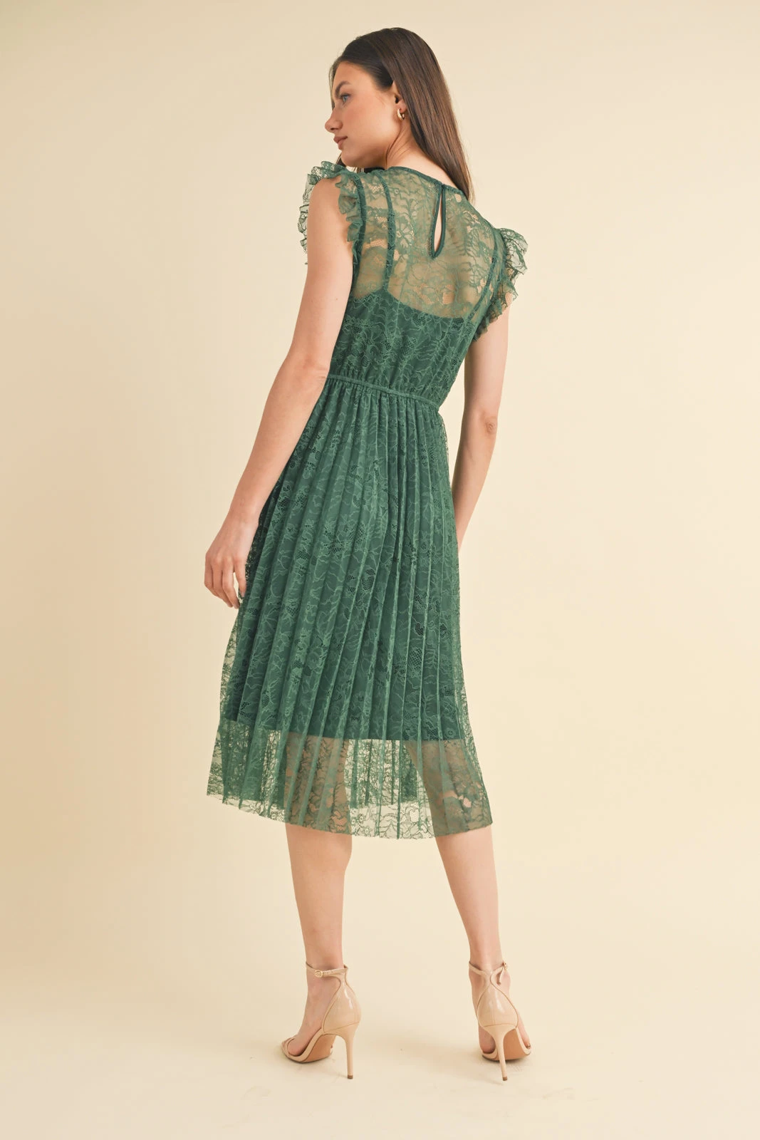 Addie Floral Lace Pleated Midi Dress Addie Floral Lace Pleated Midi Dress -Occasionally Yours dm addie floral lace pleated midi dress forest 2