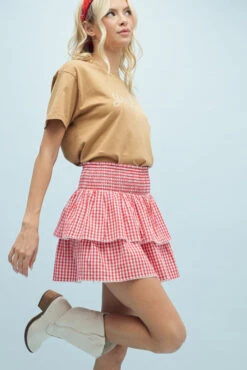 Bailey Gingham Tiered Mini Skirt -Occasionally Yours dm bailey gingham tiered mini skirt red 3