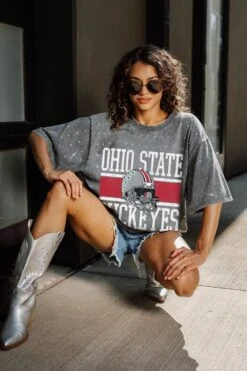 Ohio State Oversized All-Over Rhinestone Short Sleeve Tee -Occasionally Yours dm osu all over rhinestone ss tee grey 3